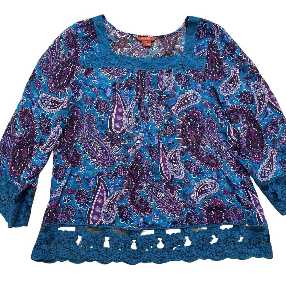 SUNDANCE Catalog Sz Large 100% Silk Paisley Floral Top Blue Lace Boho 3/4 Sleeve